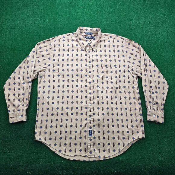 Nautica Shirt Mens XL/2XL Beige Button Up Long Sleeve Vintage 90s Golf Bag AOP - Picture 1 of 8